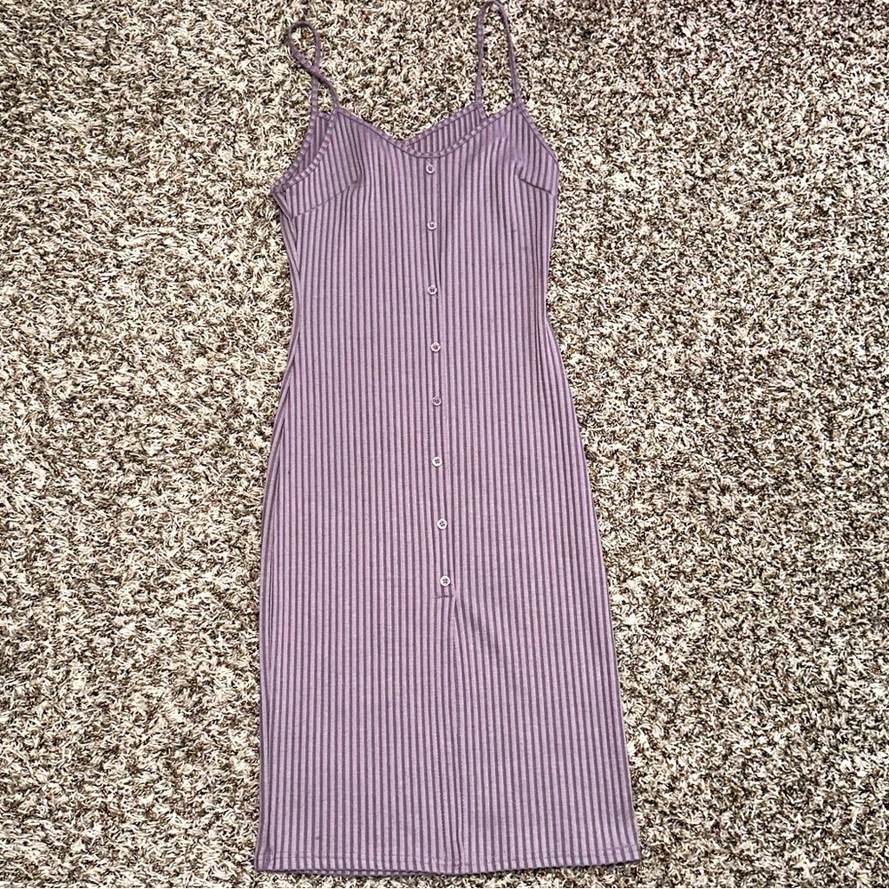 Purple Ribbed Button Midi Dress